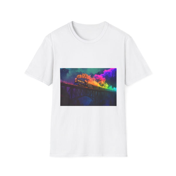 Ghostly Train Crossing Rainbow Bridge Graphic Unisex Softstyle T-Shirt - Front View