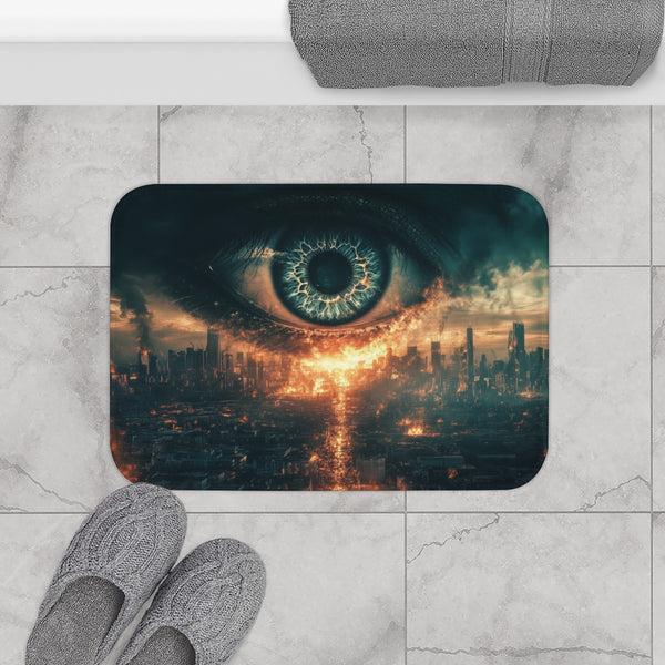 Giant Eye Above a Burning City — Memory Foam Bath Mat — Modern Bathroom Floor Lifestyle View