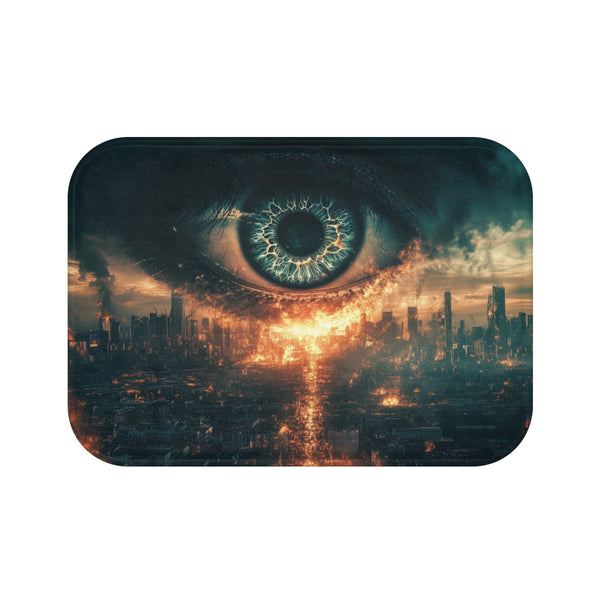 Giant Eye Above a Burning City — Memory Foam Bath Mat — Top-Down Memory Foam Bath Mat View