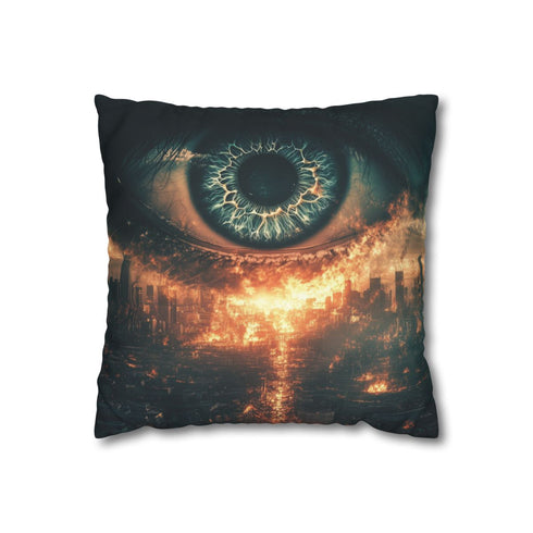 Giant Eye Above Burning City — 40×40 Cushion Cover — Front 40×40 cm Square Cushion View