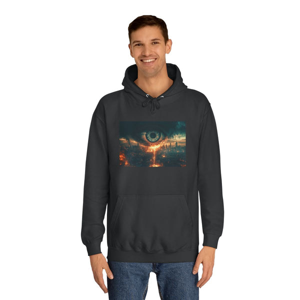 Giant Eye Above Burning City — Heavyweight Graphic Hoodie — Model Streetwear Fit View