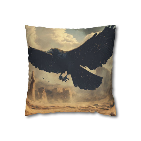 Giant Raven Flying over Desert Ruins — Faux Suede Cushion Cover — Front 40×40 cm Square Cushion View