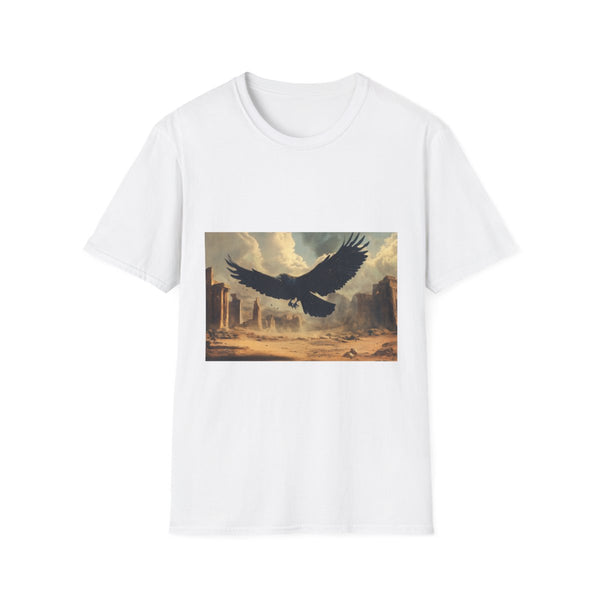Giant Raven Flying Over Desert Ruins Graphic Unisex Softstyle T-Shirt - Front View