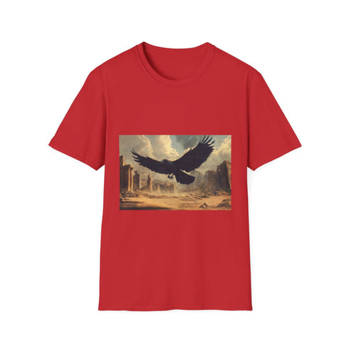 Giant Raven Flying Over Desert Ruins Graphic Unisex Softstyle T-Shirt - Red Variant