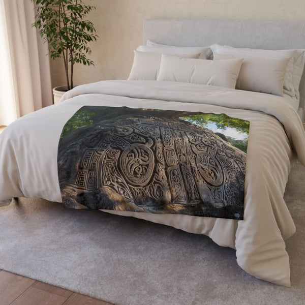Giant Tree Carved with Galaxy Runes — Plush Fleece Throw Blanket — Drape over Sofa & Bed Lifestyle View
