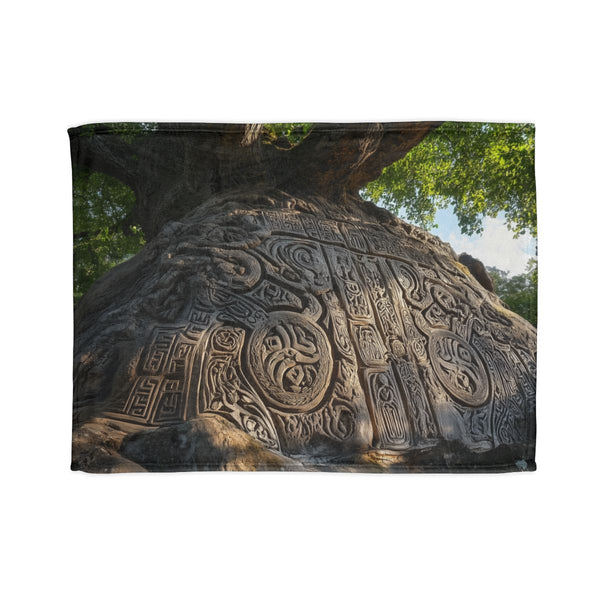 Giant Tree Carved with Galaxy Runes — Plush Fleece Throw Blanket — Full Spread Plush Fleece Artwork View