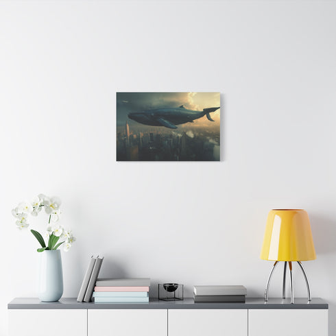 Giant Whale Flying Over City — Stretched Canvas Wall Art — Living Room Wall Lifestyle View
