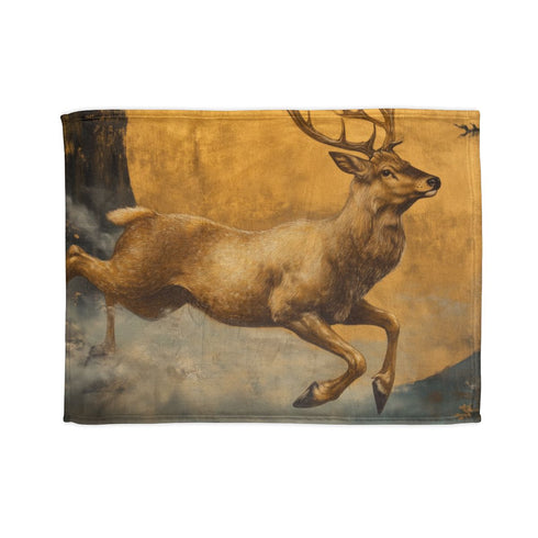 Gilded Stag Leaping Through Mist Portal — 50×60 Plush Throw Blanket — Full Flat Artwork View