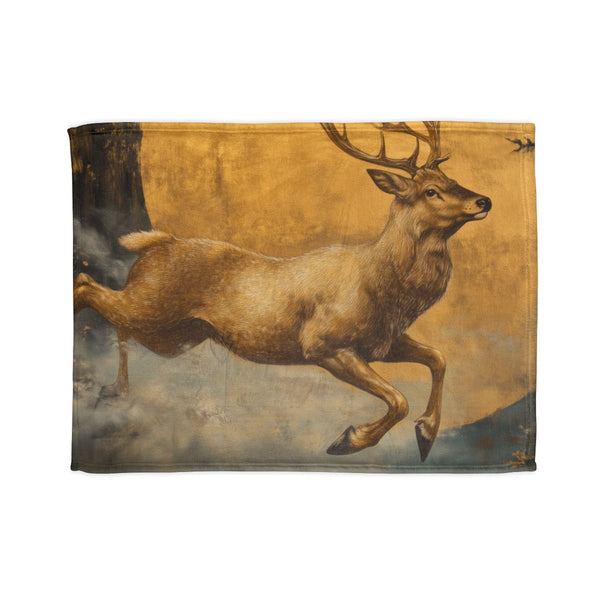 Gilded Stag Leaping through Mist Portal Plush Fleece Throw Blanket