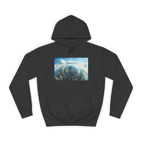 Glass City Hovering Above Earth Graphic Unisex College Hoodie - Jet Black Front