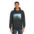 Glass City Hovering Above Earth Graphic Unisex College Hoodie - Lifestyle Model View