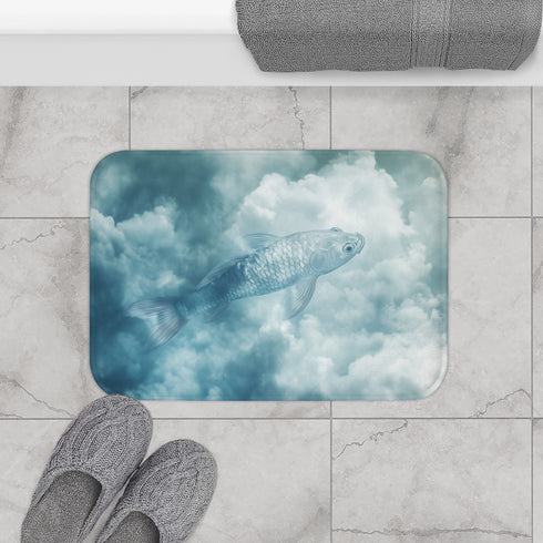 Glass Fish Swimming Through Clouds — 61×43 Memory Foam Bath Mat — Modern Bathroom Floor Lifestyle View