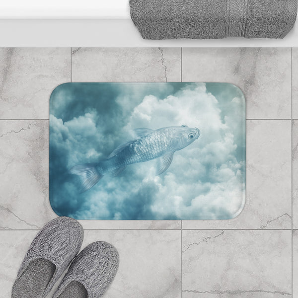Glass Fish Swimming Through Clouds — Memory Foam Bath Mat — Modern Bathroom Floor Lifestyle View