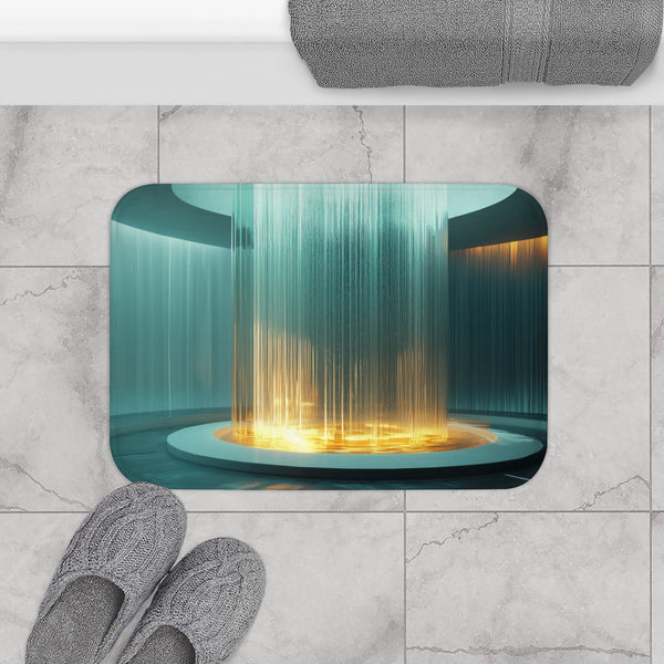 Glass Fountain Spilling Digital Light — Memory Foam Bath Mat — Modern Bathroom Floor Lifestyle View