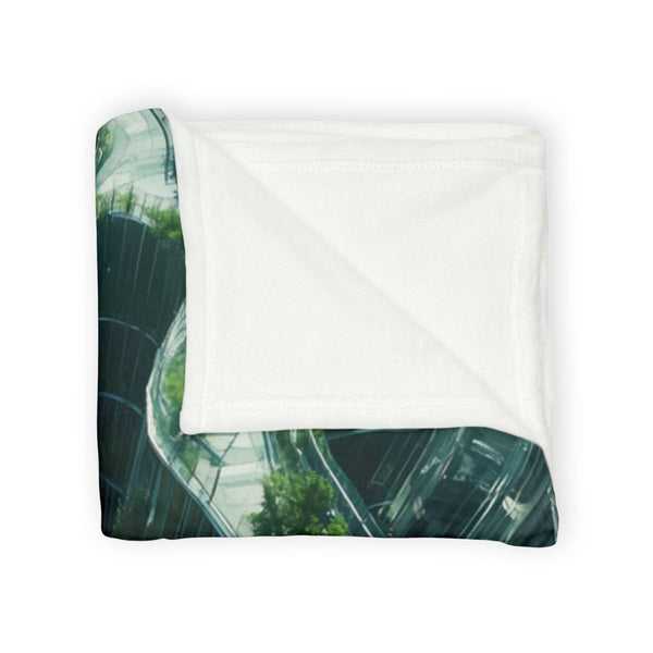 Glass Maze Growing Through Skyscrapers — 50×60 Plush Throw Blanket — Draped Over Sofa & Bed Lifestyle View