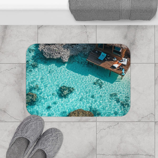 Glass Sea Crystal Clear Sea Water Maldives Blue — 61×43 Memory Foam Bath Mat — Modern Bathroom Floor Lifestyle View