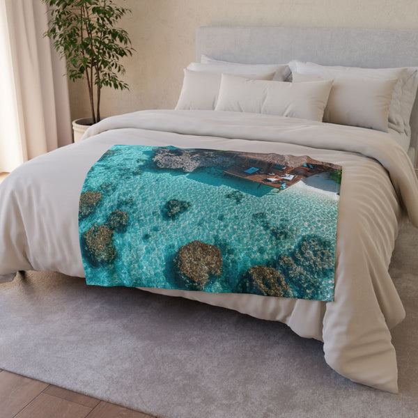 Glass Sea Crystal Clear Sea Water Maldives Blue — 50×60 Plush Throw Blanket — Draped Over Sofa & Bed Lifestyle View