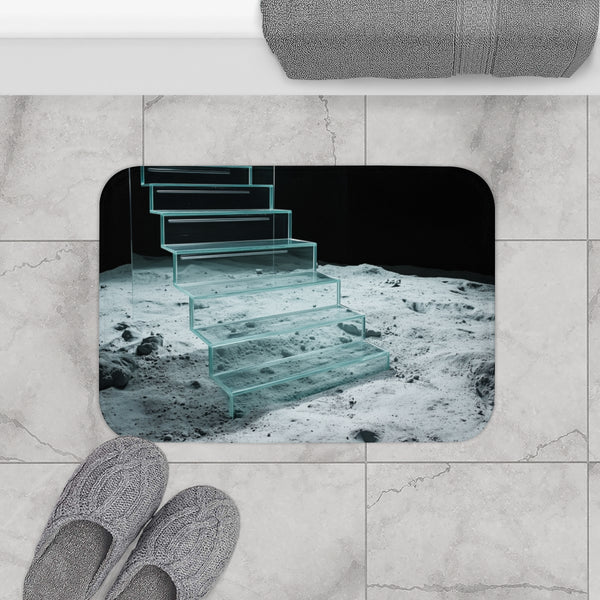 Glass Staircase Over Lunar Surface — Memory Foam Bath Mat — Modern Bathroom Floor Lifestyle View