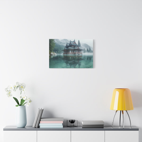Glass Temple Submerged in Dream Lake (Edition II) — Stretched Canvas Wall Art — Living Room Wall Lifestyle View
