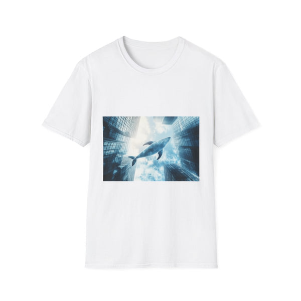 Glass Whale Swimming Through Skyscrapers Graphic Unisex Softstyle T-Shirt - Front View
