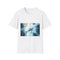 Glass Whale Swimming Through Skyscrapers Graphic Unisex Softstyle T-Shirt - Front View