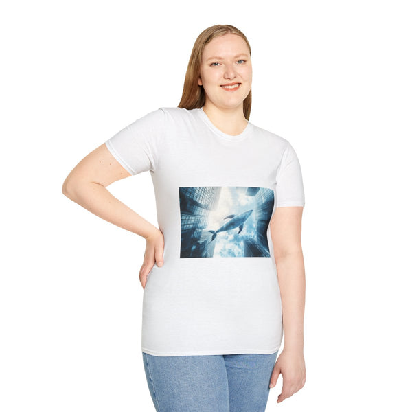 Glass Whale Swimming Through Skyscrapers Graphic Unisex Softstyle T-Shirt - Model View