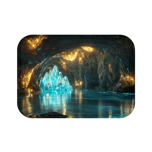 Glowing Crystal Cave with Reflections (Edition IV) — 61×43 Memory Foam Bath Mat — Top-Down Velvet Microfibre Artwork View