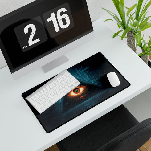 Glowing Eye in Pyramid with Circuit — XXL Gaming Desk Mat — Gaming & Workspace Desk Setup View