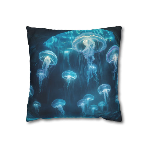 Glowing Jellyfish Swarm in Crystal Cave — Double-Sided Cushion Cover — Front Double-Sided Cushion View