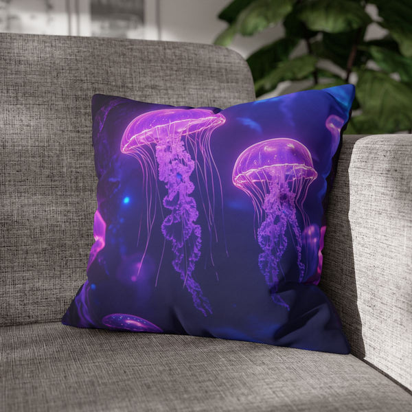 Glowing Jellyfish Swarm in Crystal Cave (Edition II) — Double-Sided Cushion Cover — Sofa & Armchair Living Room Lifestyle View