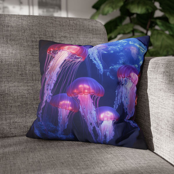Glowing Jellyfish Swarm in Crystal Cave (Edition III) — Double-Sided Cushion Cover — Sofa & Armchair Living Room Lifestyle View
