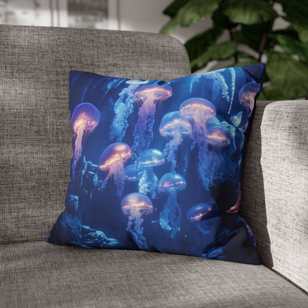 Glowing Jellyfish Swarm in Crystal Cave (Edition IV) — Double-Sided Cushion Cover — Sofa & Armchair Living Room Lifestyle View