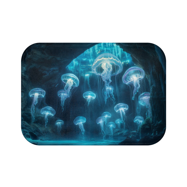 Glowing Jellyfish Swarm in Crystal Cave — Memory Foam Bath Mat — Top-Down Memory Foam Bath Mat View