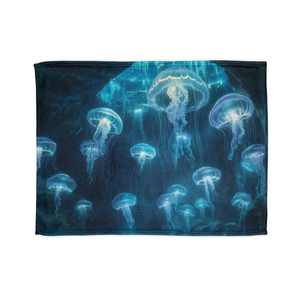 Glowing Jellyfish Swarm in Crystal Cave — Plush Fleece Throw Blanket — Full Spread Plush Fleece Artwork View