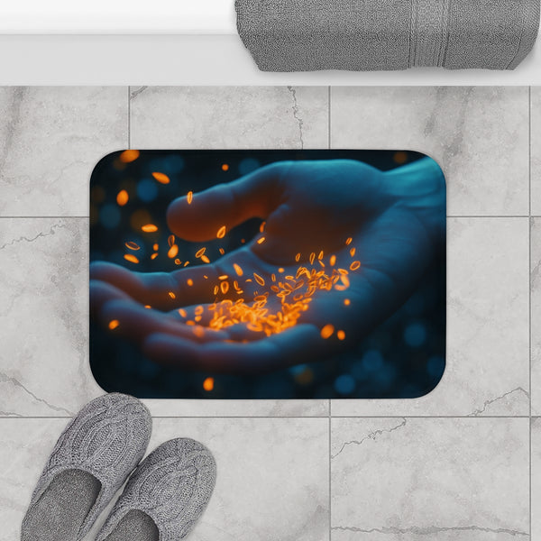 Glowing Seeds Floating from Hand (Edition II) — Memory Foam Bath Mat — Modern Bathroom Floor Lifestyle View