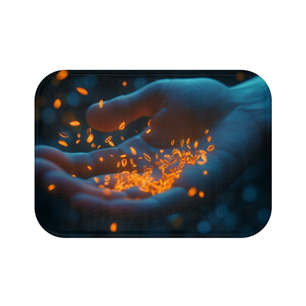 Glowing Seeds Floating from Hand (Edition II) — Memory Foam Bath Mat — Top-Down Memory Foam Bath Mat View