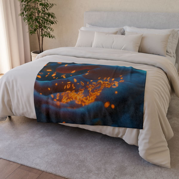 Glowing Seeds Floating from Hand (Edition II) — Plush Fleece Throw Blanket — Drape over Sofa & Bed Lifestyle View