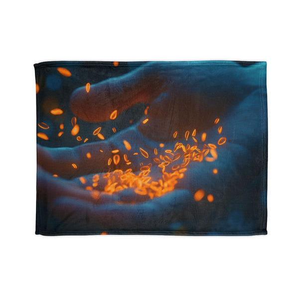 Glowing Seeds Floating from Hand (Edition II) — Plush Fleece Throw Blanket — Full Spread Plush Fleece Artwork View