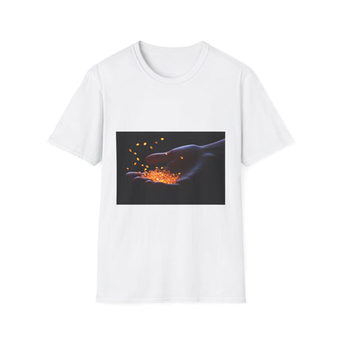 Glowing Seeds Floating from Hand Graphic Unisex Softstyle T-Shirt - Front View