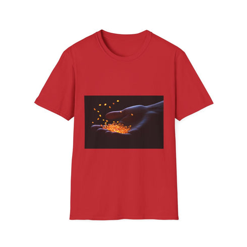 Glowing Seeds Floating from Hand Graphic Unisex Softstyle T-Shirt - Red Variant