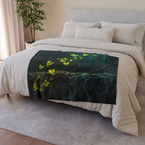 Glowing Vines Growing Through Broken Tech — Plush Fleece Throw Blanket — Draped Over Sofa & Bed Lifestyle View