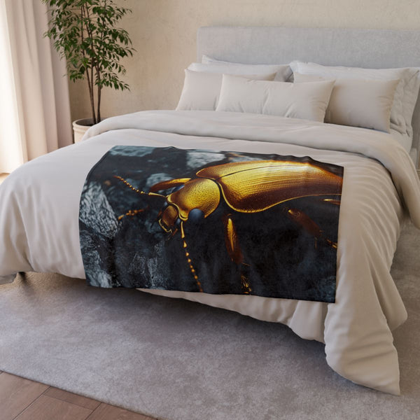 Golden Beetle Crawling on Obsidian Floor (Edition V) — Plush Fleece Throw Blanket — Drape over Sofa & Bed Lifestyle View