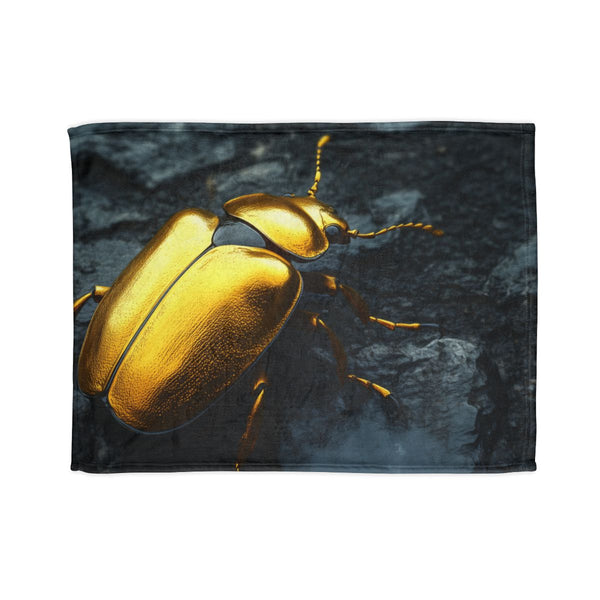 Golden Beetle Crawling on Obsidian Floor (Edition VII) — Plush Fleece Throw Blanket — Full Spread Plush Fleece Artwork View