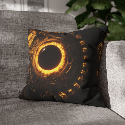 Golden Gears Orbiting Black Sun — 40×40 Cushion Cover — Sofa & Living Room Lifestyle View