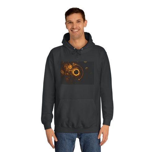 Golden Gears Orbiting Black Sun Graphic Unisex College Hoodie - Lifestyle Model View