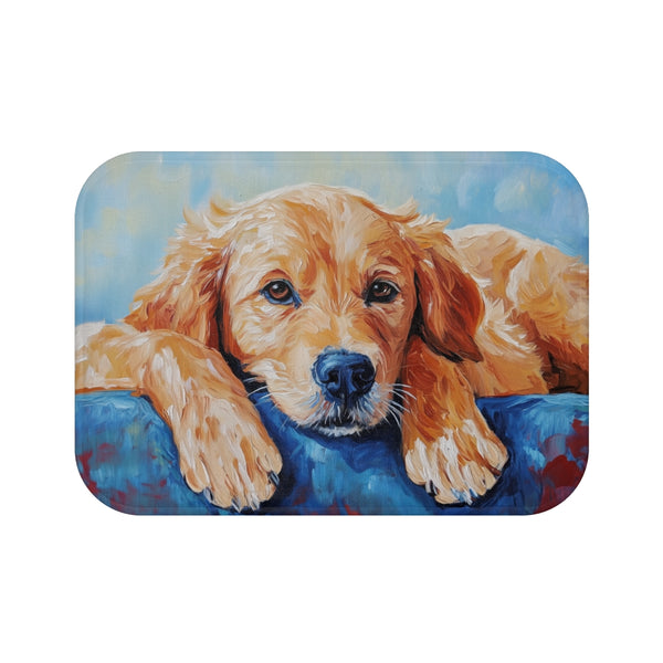 Golden Retriever Puppy Watercolor (Edition X) — 61×43 Memory Foam Bath Mat — Top-Down Velvet Microfibre Artwork View