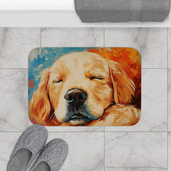 Golden Retriever Puppy Watercolor (Edition XVI) — 61×43 Memory Foam Bath Mat — Modern Bathroom Floor Lifestyle View