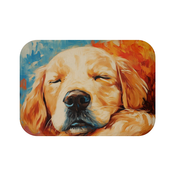 Golden Retriever Puppy Watercolor (Edition XVI) — 61×43 Memory Foam Bath Mat — Top-Down Velvet Microfibre Artwork View