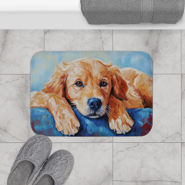 Golden Retriever Puppy Watercolor (Edition XVIII) — 61×43 Memory Foam Bath Mat — Modern Bathroom Floor Lifestyle View