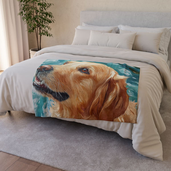 Golden Retriever Puppy Watercolor (Edition XVIII) — 50×60 Plush Throw Blanket — Draped Over Sofa & Bed Lifestyle View